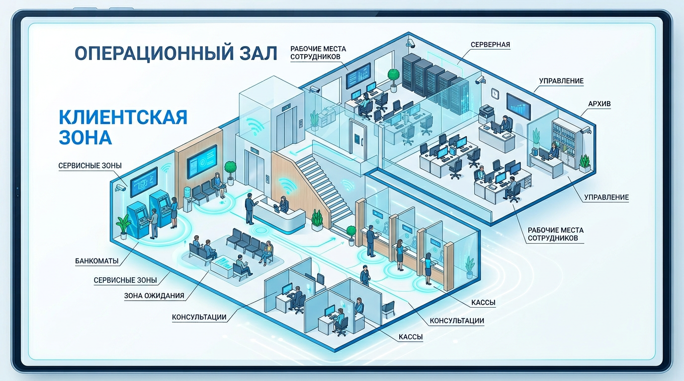 Зоны покрытия в банке: операционный зал, зона клиентов