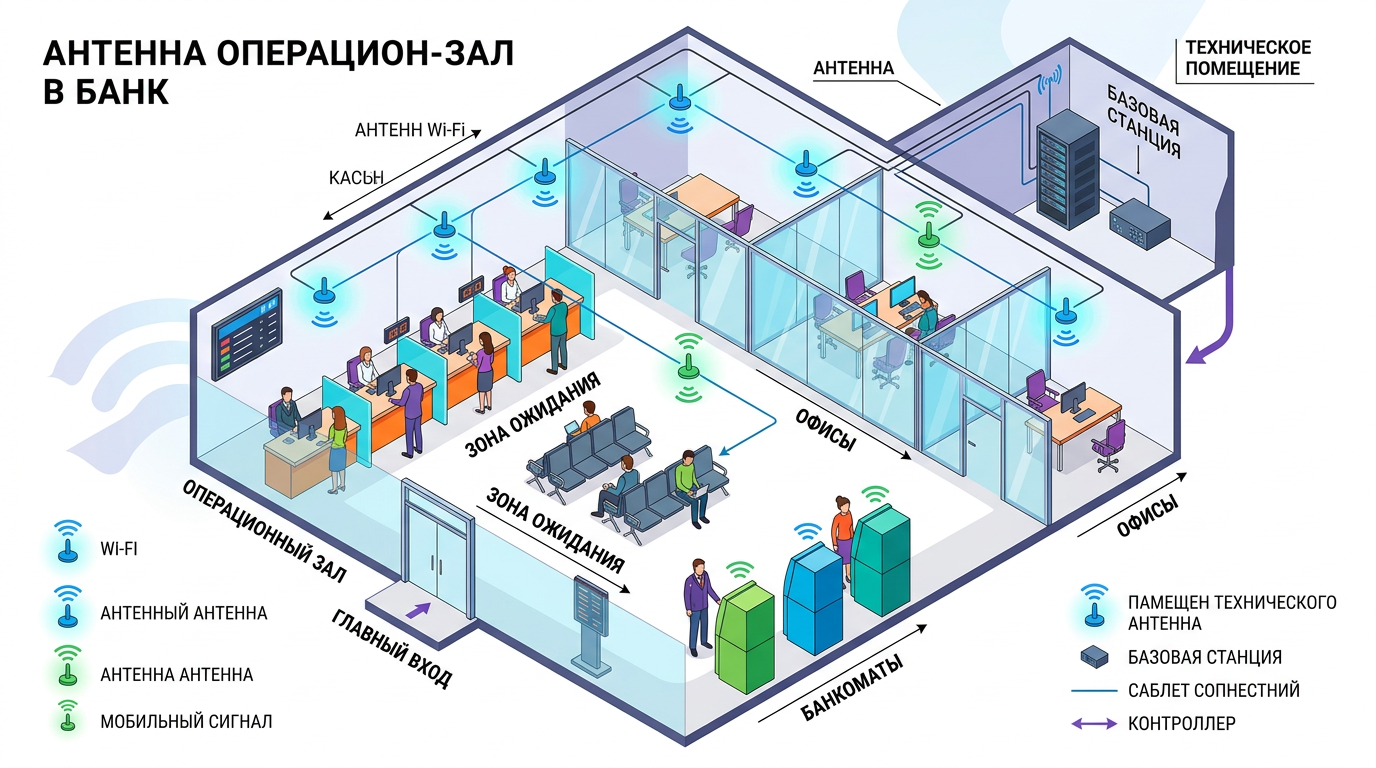 Размещение антенн в операционном зале банка