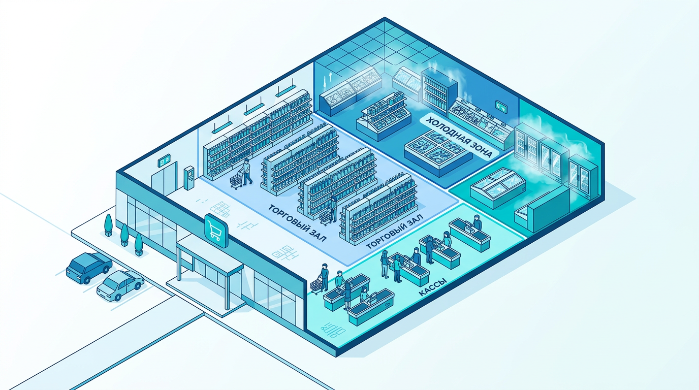 Схема зон покрытия в гипермаркете: торговый зал, кассы, холодильные зоны