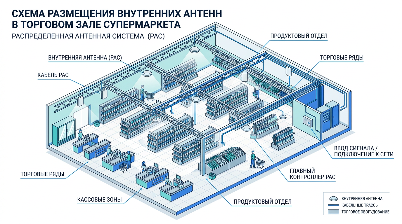 Распределение антенн в торговом зале супермаркета