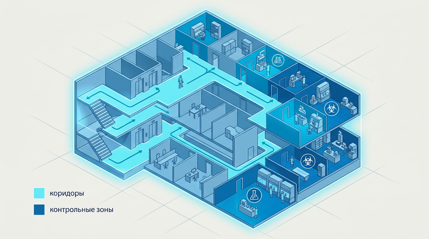 Зоны покрытия в лабораторном корпусе: коридоры, зоны управления