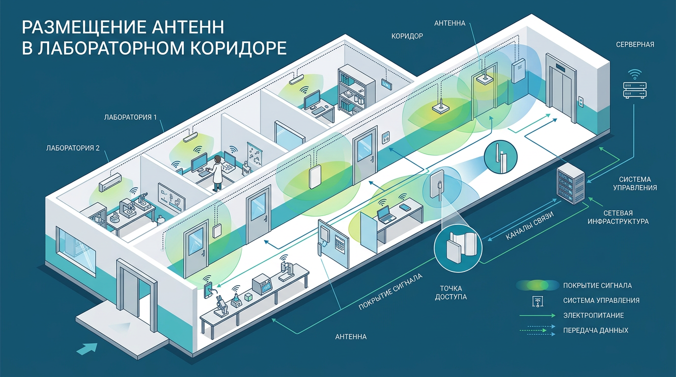 Размещение антенн в коридоре лабораторного корпуса