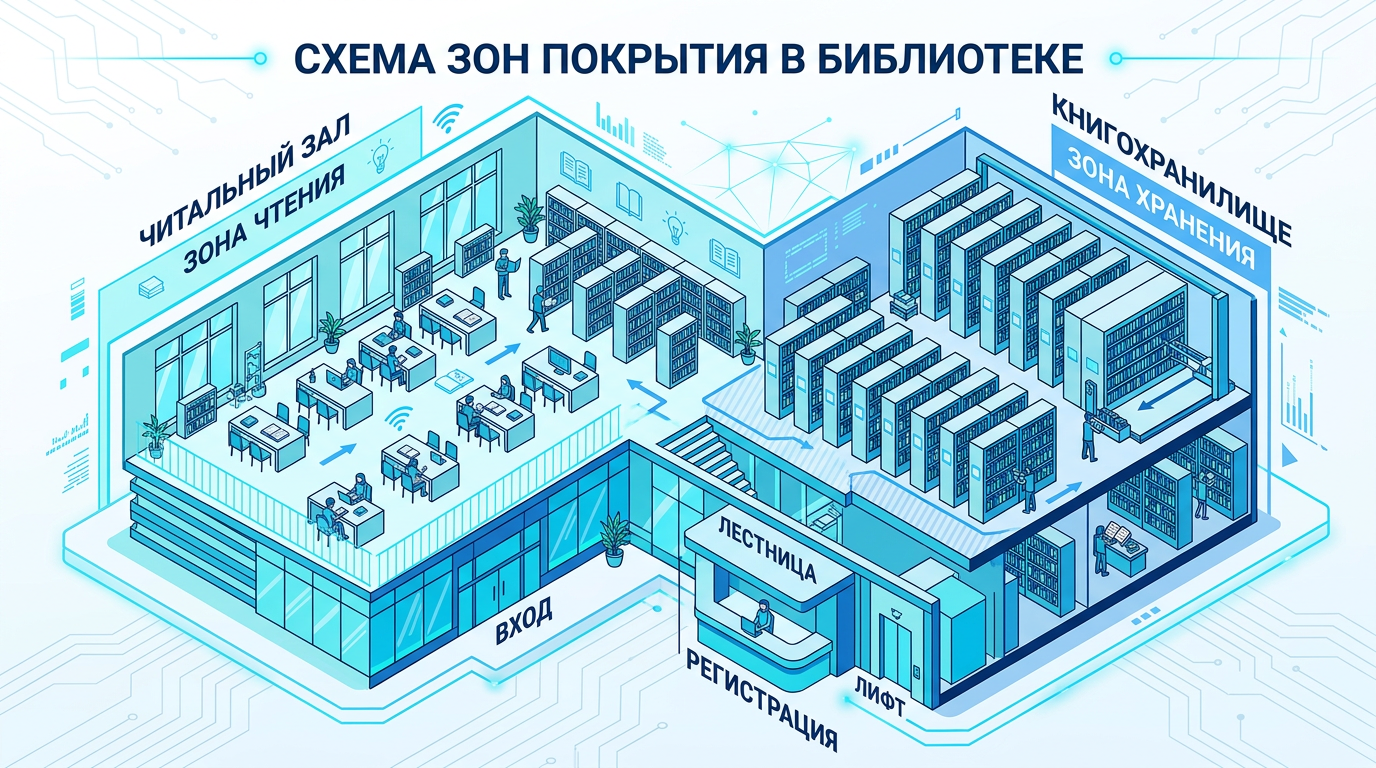 Зоны покрытия в библиотеке: читальный зал, хранилище