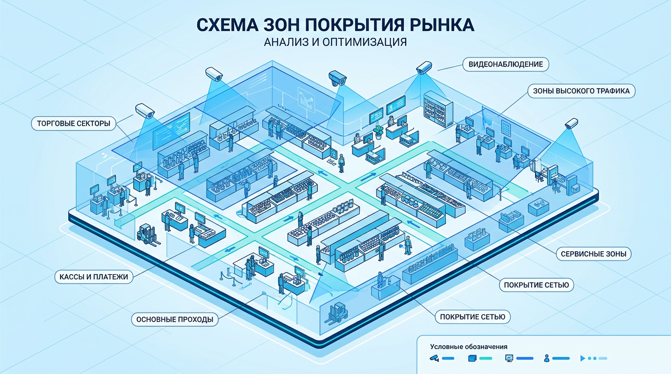 Зоны покрытия на рынке: павильоны, проходы, кассы