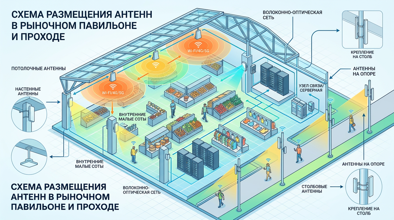 Размещение антенн в торговом павильоне и на проходе