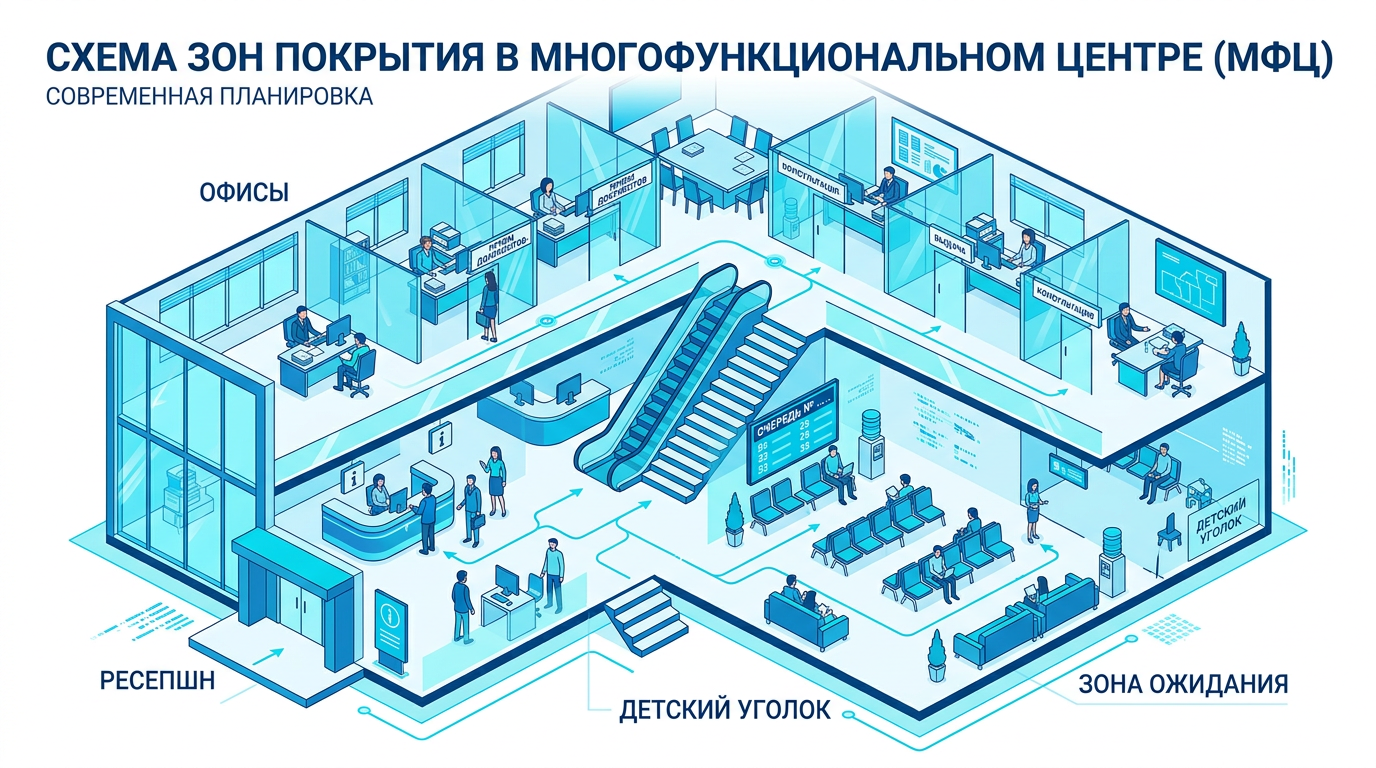 Зоны покрытия в МФЦ: ожидание, ресепшен, кабинеты