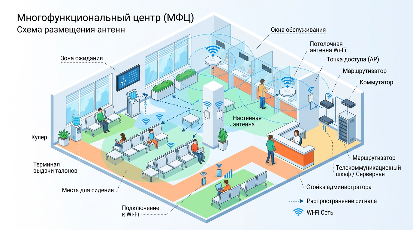 Схема размещения антенн в зоне ожидания МФЦ