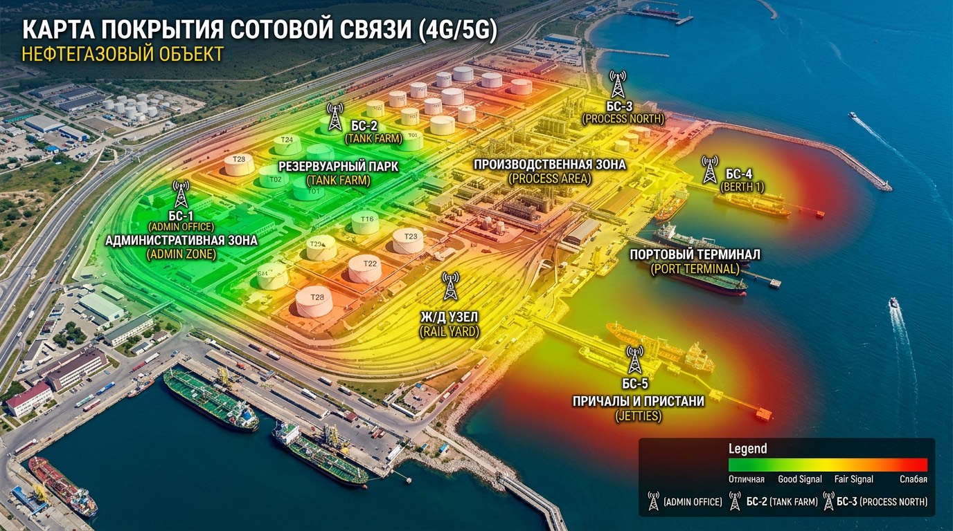 Карта покрытия связи на нефтегазовом объекте