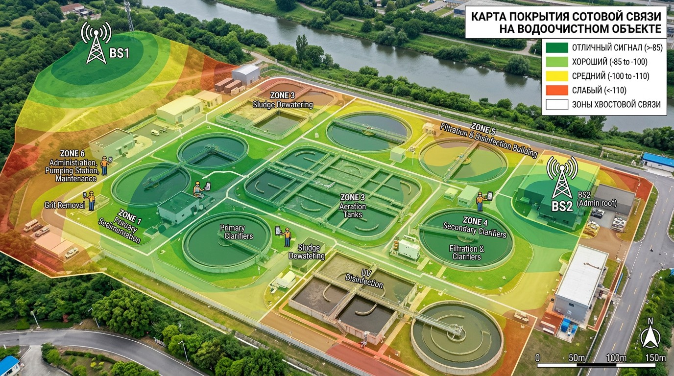 Карта покрытия связи на водоочистном объекте